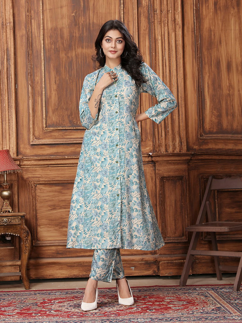 Light blue Premium Rayon Floral Printed Long Kurta and Pant Set