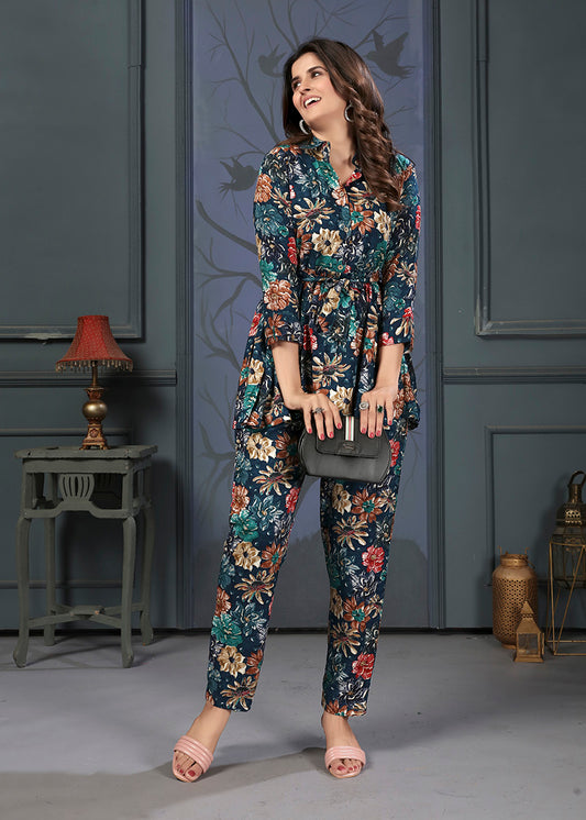 Dark Teal Rayon Printed Causal Wear Co Ord Set