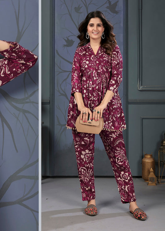 Wine Premium Rayon Printed Causal Wear Co Ord Set