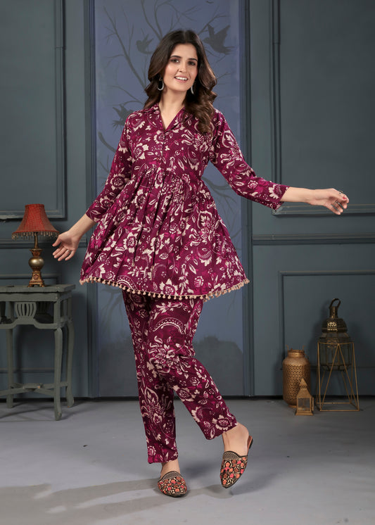 Wine Premium Rayon Printed Causal Wear Co Ord Set