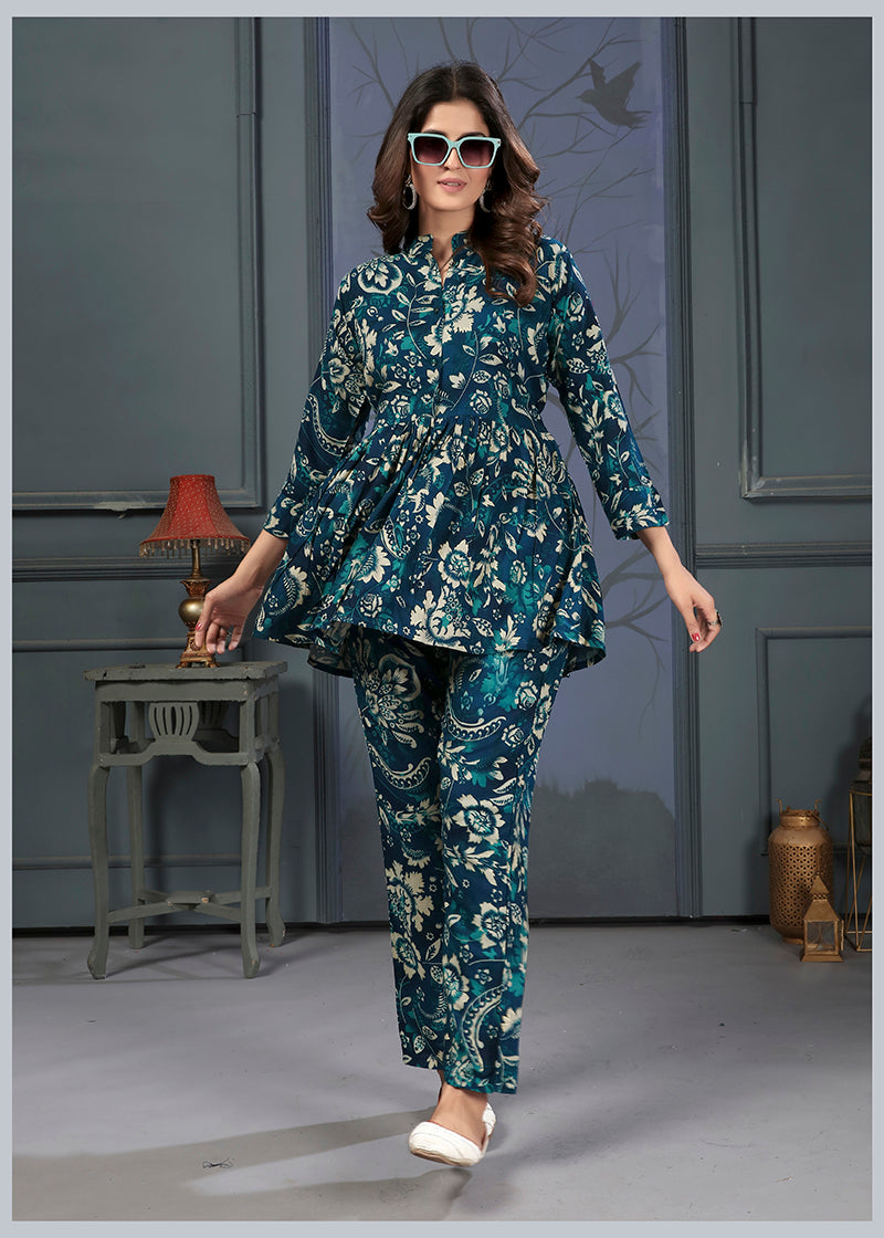 Teal Blue Premium Rayon Printed Causal Wear Co Ord Set
