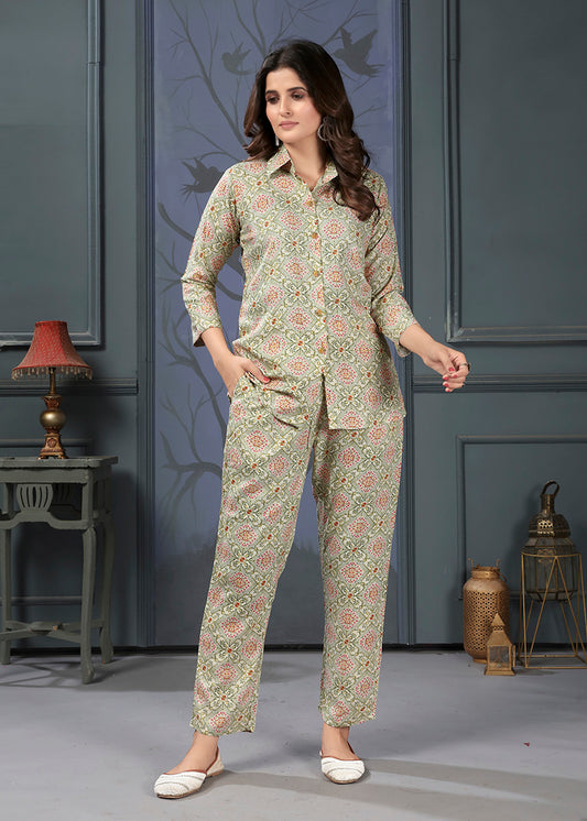 Beige Premium Rayon Printed Causal Wear Co Ord Set