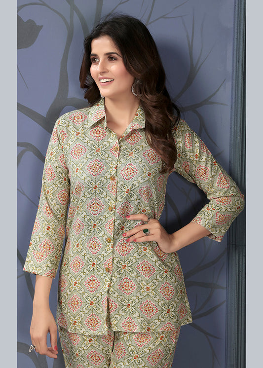 Beige Premium Rayon Printed Causal Wear Co Ord Set