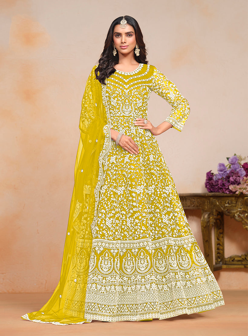 Yellow Net Embroidered Wedding Floor Length Anarkali Suit