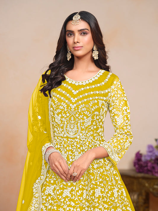 Yellow Net Embroidered Wedding Floor Length Anarkali Suit