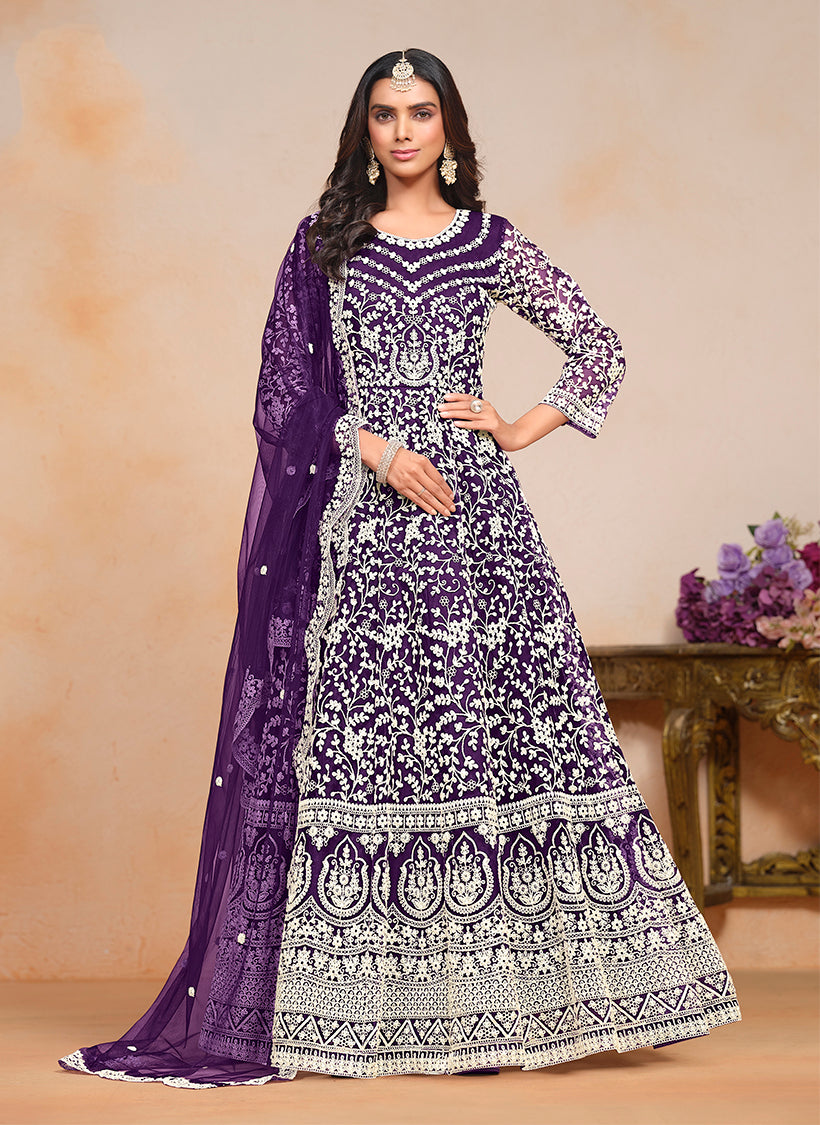 Purple Net Embroidered Wedding Floor Length Anarkali Suit