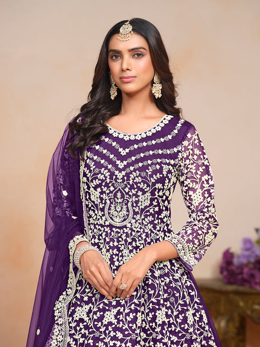 Purple Net Embroidered Wedding Floor Length Anarkali Suit