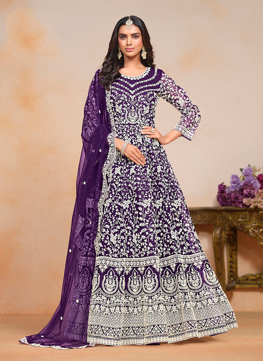 Purple Net Embroidered Wedding Floor Length Anarkali Suit
