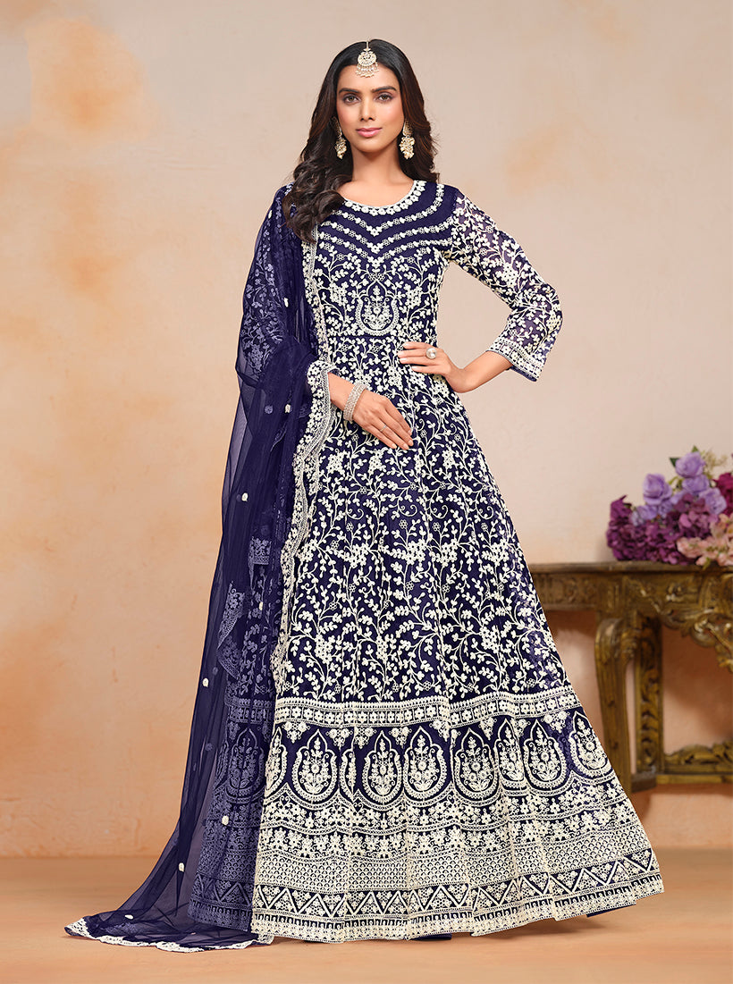 Navy blue Net Embroidered Wedding Floor Length Anarkali Suit