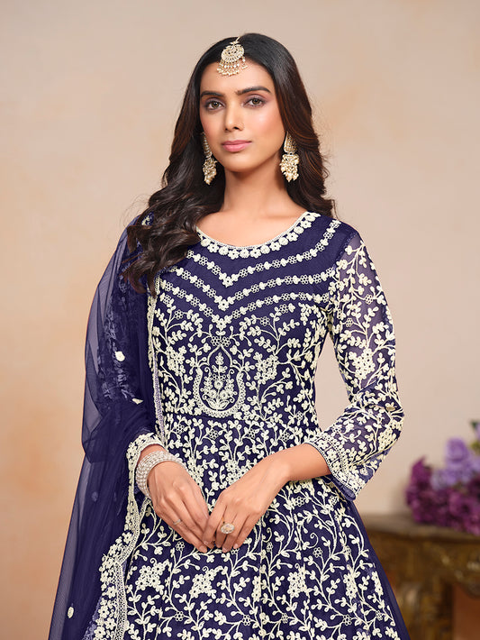 Navy blue Net Embroidered Wedding Floor Length Anarkali Suit