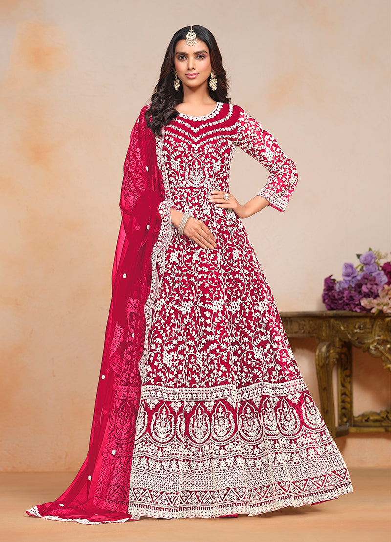 Rani Pink Net Embroidered Wedding Floor Length Anarkali Suit
