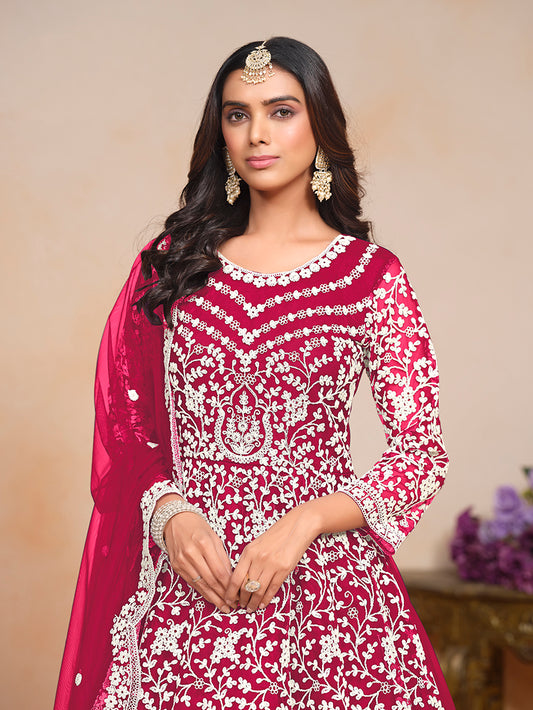 Rani Pink Net Embroidered Wedding Floor Length Anarkali Suit