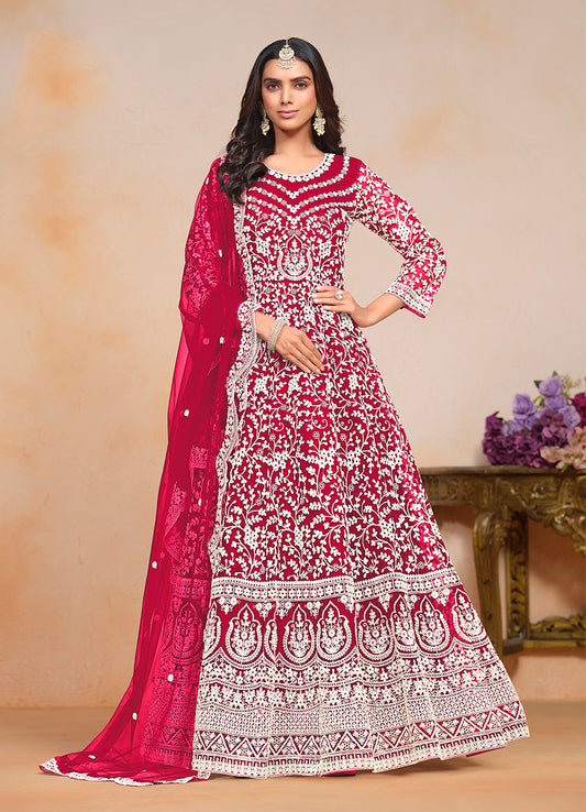 Rani Pink Net Embroidered Wedding Floor Length Anarkali Suit