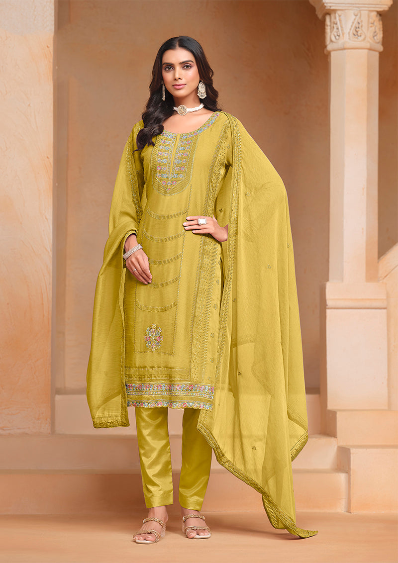Mustard Organza Chiffon Embroidered Stunning Salwar Kameez