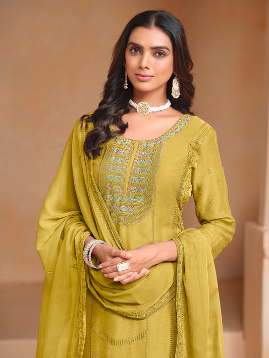 Mustard Organza Chiffon Embroidered Stunning Salwar Kameez