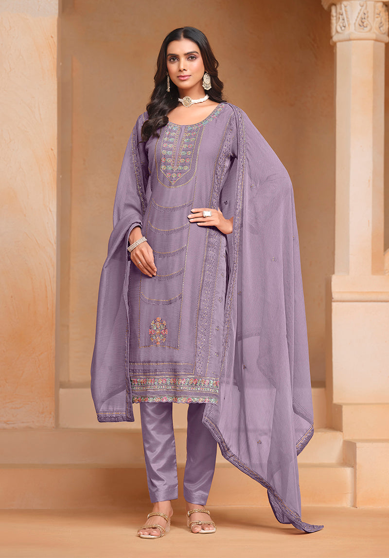 Lavender Organza Chiffon Embroidered Stunning Salwar Kameez