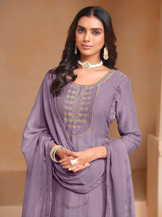 Lavender Organza Chiffon Embroidered Stunning Salwar Kameez
