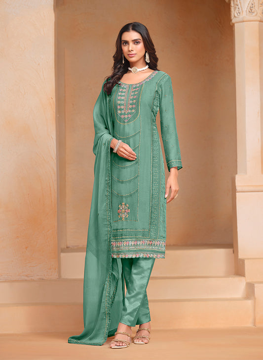 Sea green Organza Chiffon Embroidered Stunning Salwar Kameez