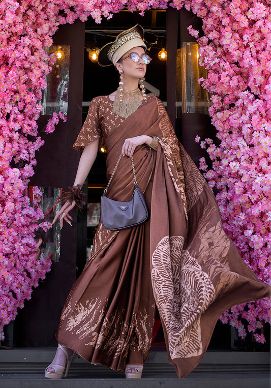 Brown Soft Shine Printed Satin Silk Saree
