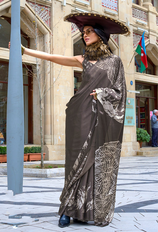 Dark Coffee Soft Shine Printed Satin Silk Saree