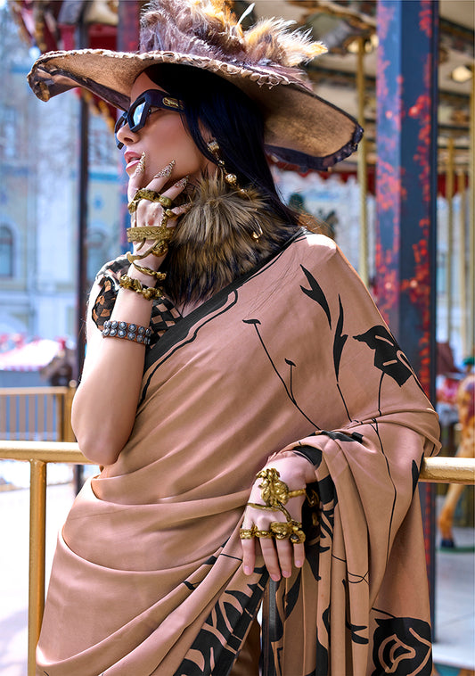 Brown Soft Shine Printed Satin Silk Saree
