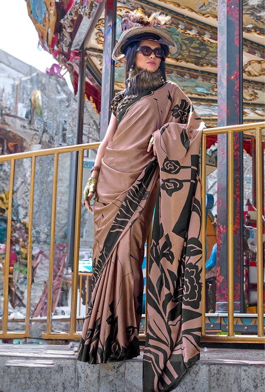 Brown Soft Shine Printed Satin Silk Saree