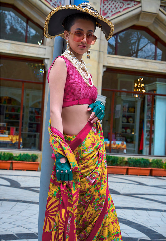 Mustard Soft Shine Printed Satin Silk Saree