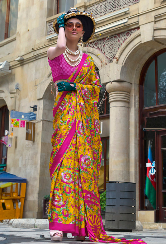 Mustard Soft Shine Printed Satin Silk Saree