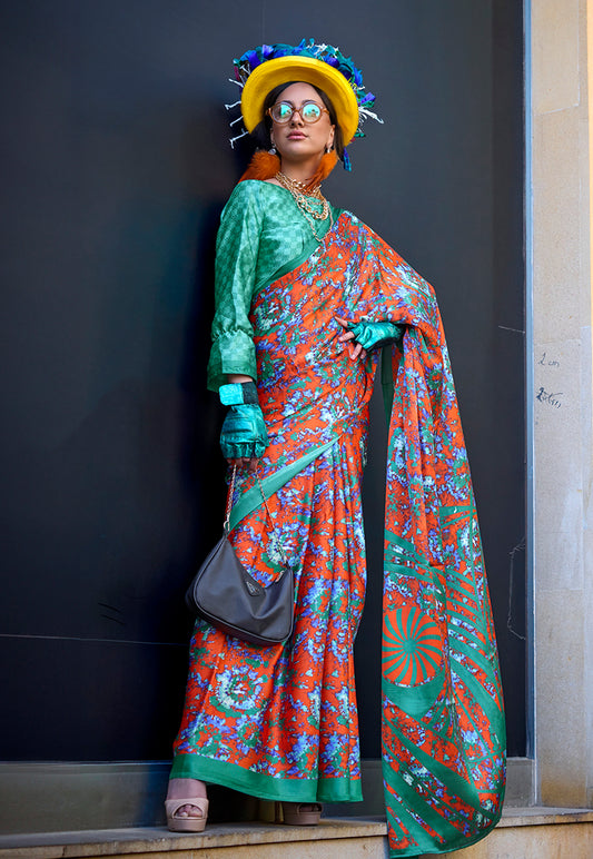 Salmon Soft Shine Printed Satin Silk Saree