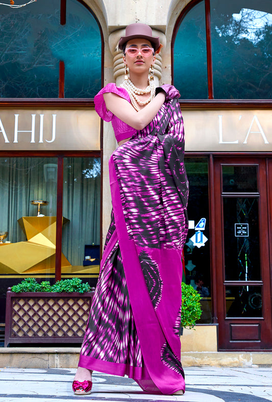Magenta & Black Soft Shine Printed Satin Silk Saree