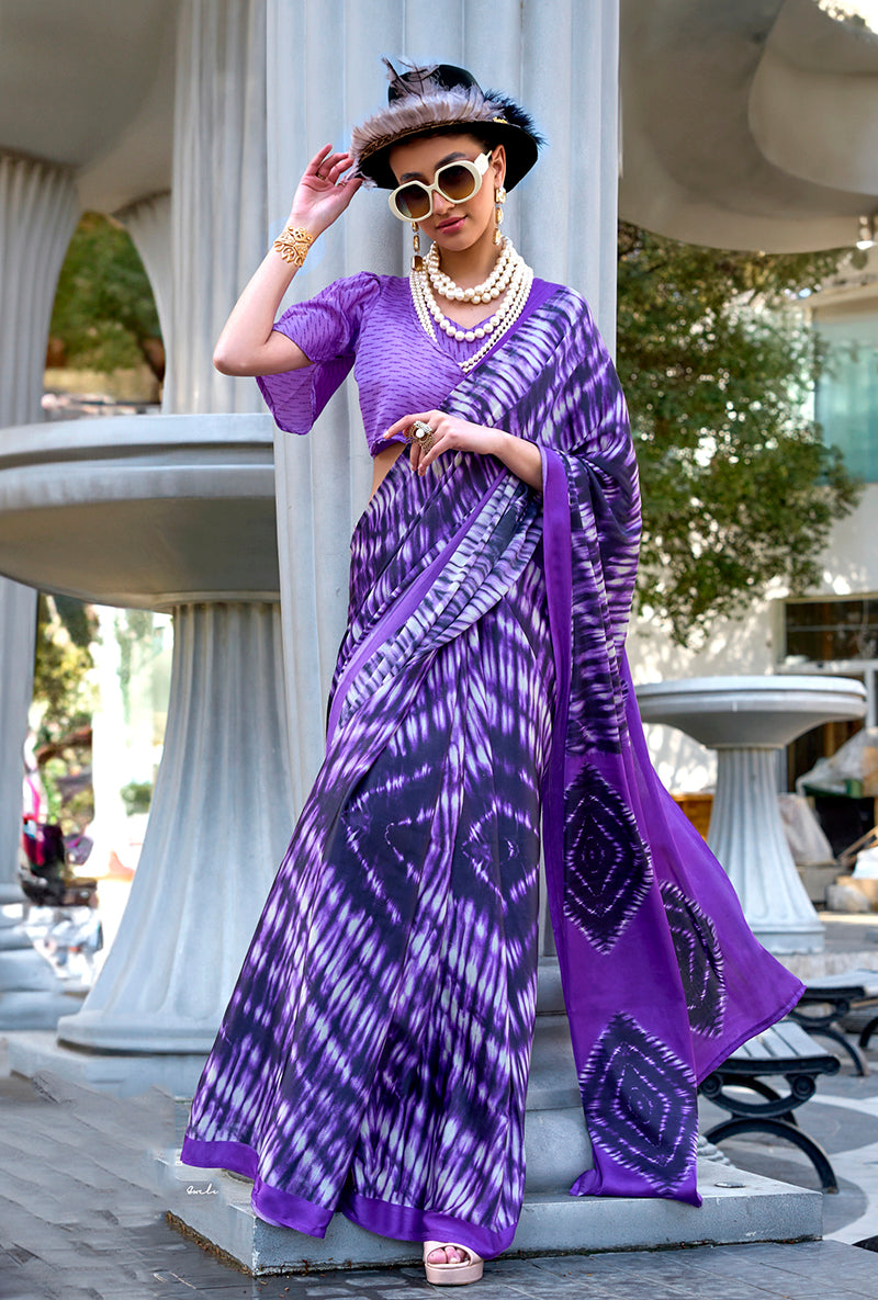 Purple Soft Shine Printed Satin Silk Saree
