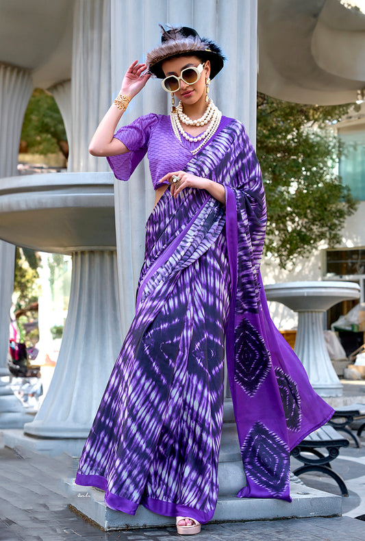 Purple Soft Shine Printed Satin Silk Saree