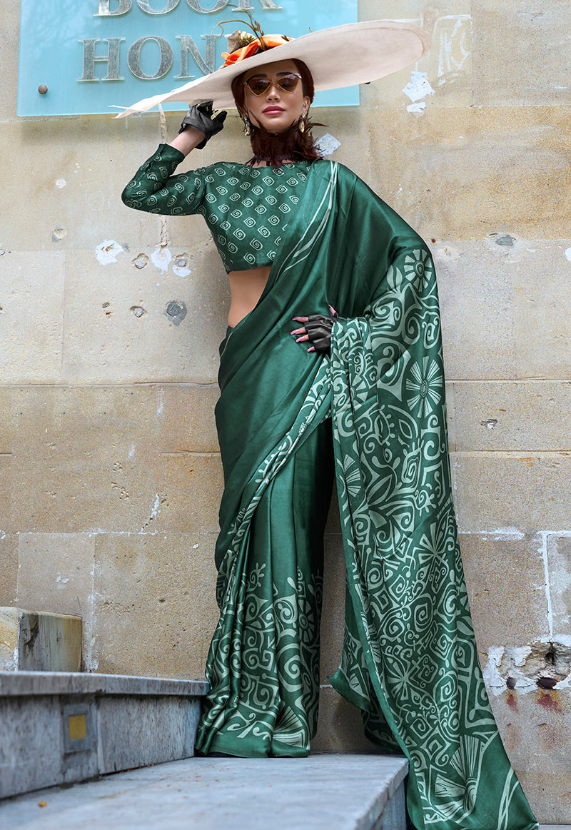 Green Soft Shine Printed Satin Silk Saree