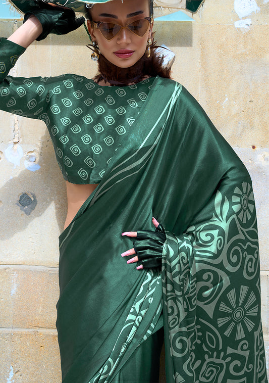 Green Soft Shine Printed Satin Silk Saree
