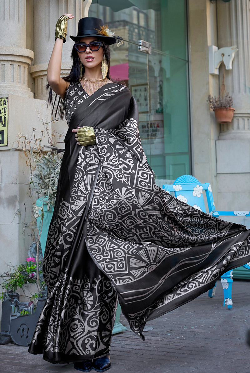 Black Soft Shine Printed Satin Silk Saree