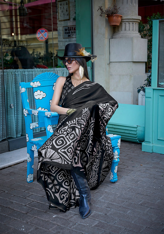 Black Soft Shine Printed Satin Silk Saree