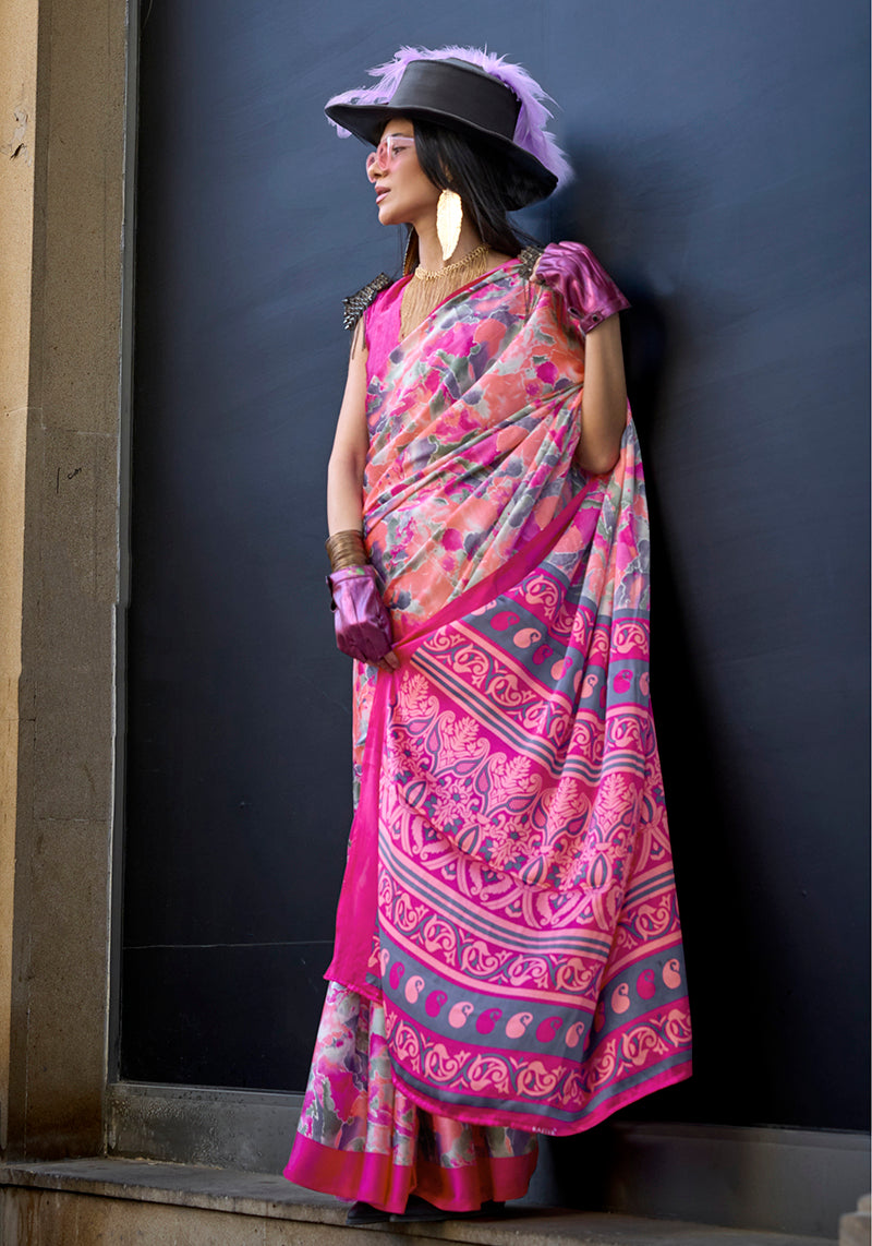 Pink Soft Shine Printed Satin Silk Saree