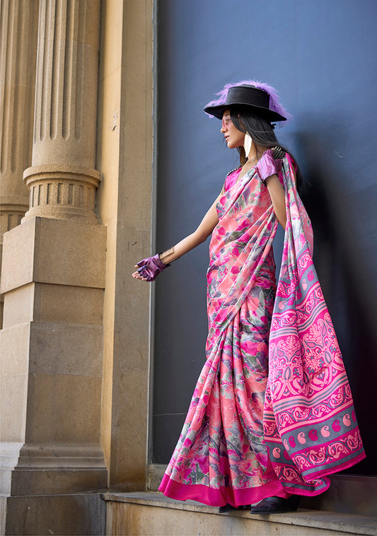 Pink Soft Shine Printed Satin Silk Saree
