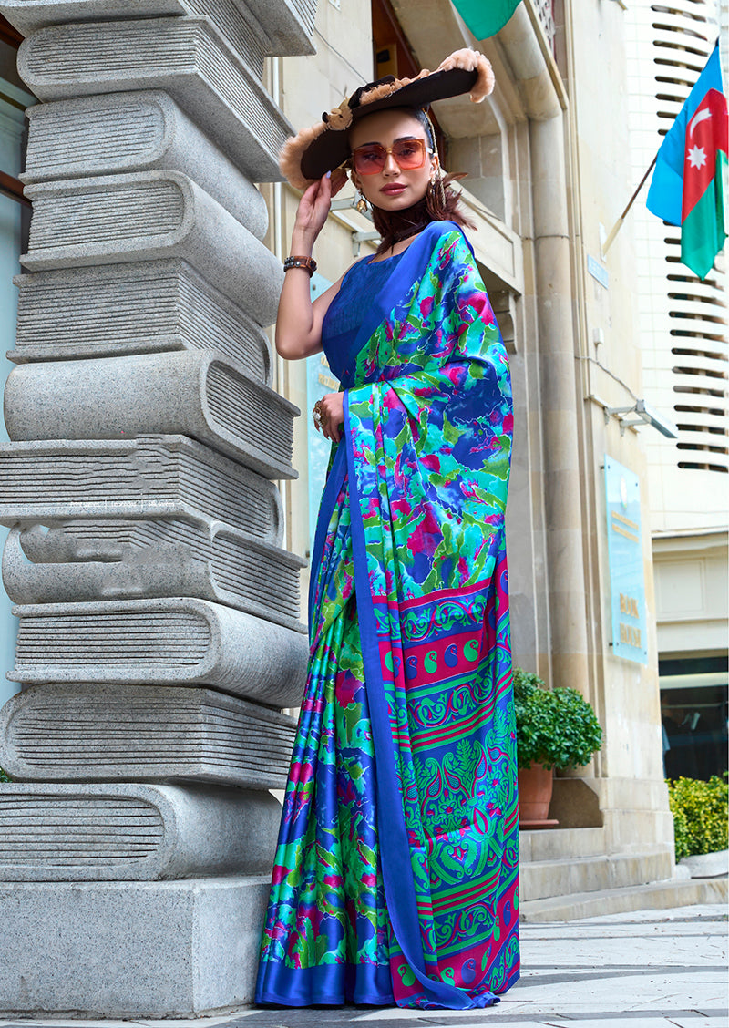 Teal Blue Soft Shine Printed Satin Silk Saree