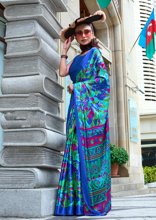 Teal Blue Soft Shine Printed Satin Silk Saree