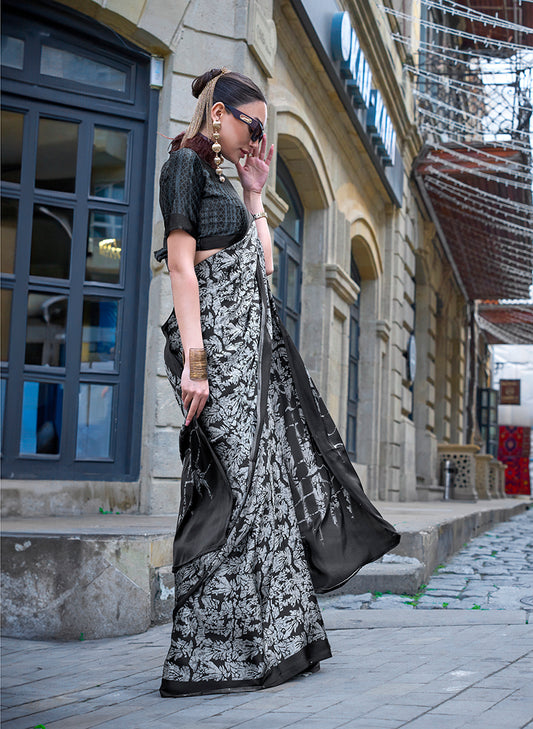 Black Soft Shine Printed Satin Silk Saree