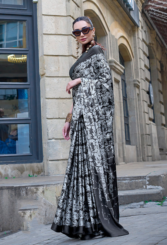 Black Soft Shine Printed Satin Silk Saree
