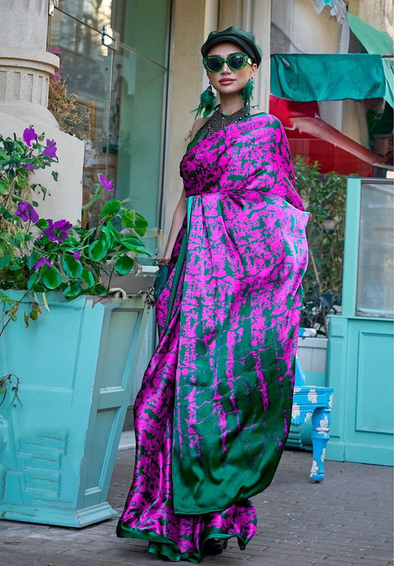 Magenta Soft Shine Printed Satin Silk Saree