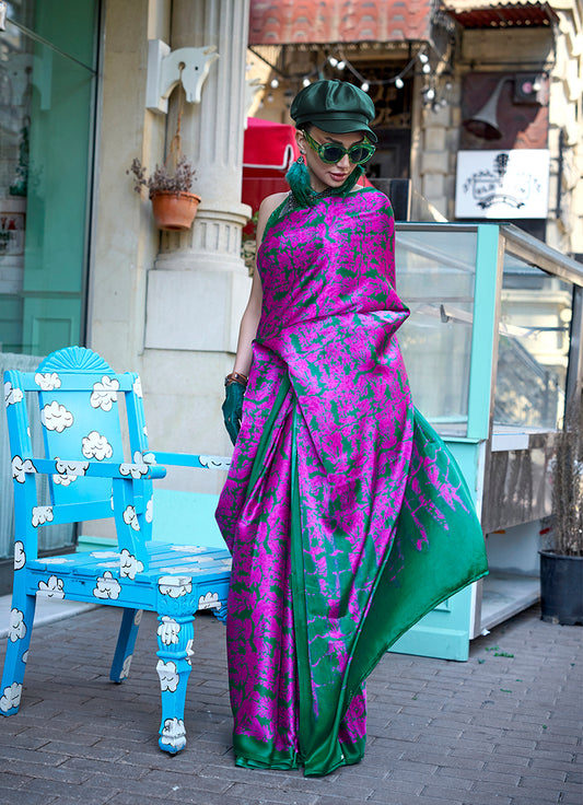 Magenta Soft Shine Printed Satin Silk Saree