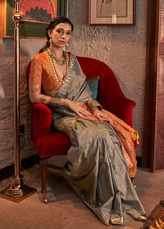 Gray Traditional Zari Woven Tussar Silk Saree
