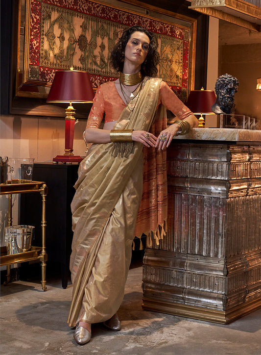 BeigeTraditional Zari Woven Tussar Silk Saree