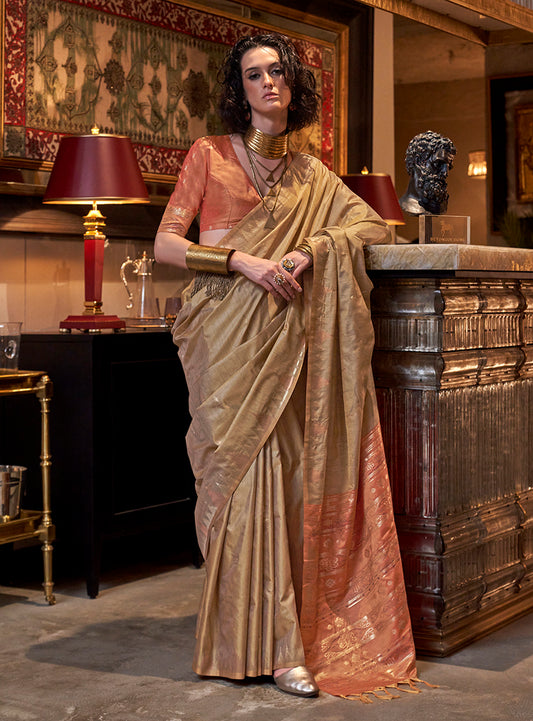 BeigeTraditional Zari Woven Tussar Silk Saree