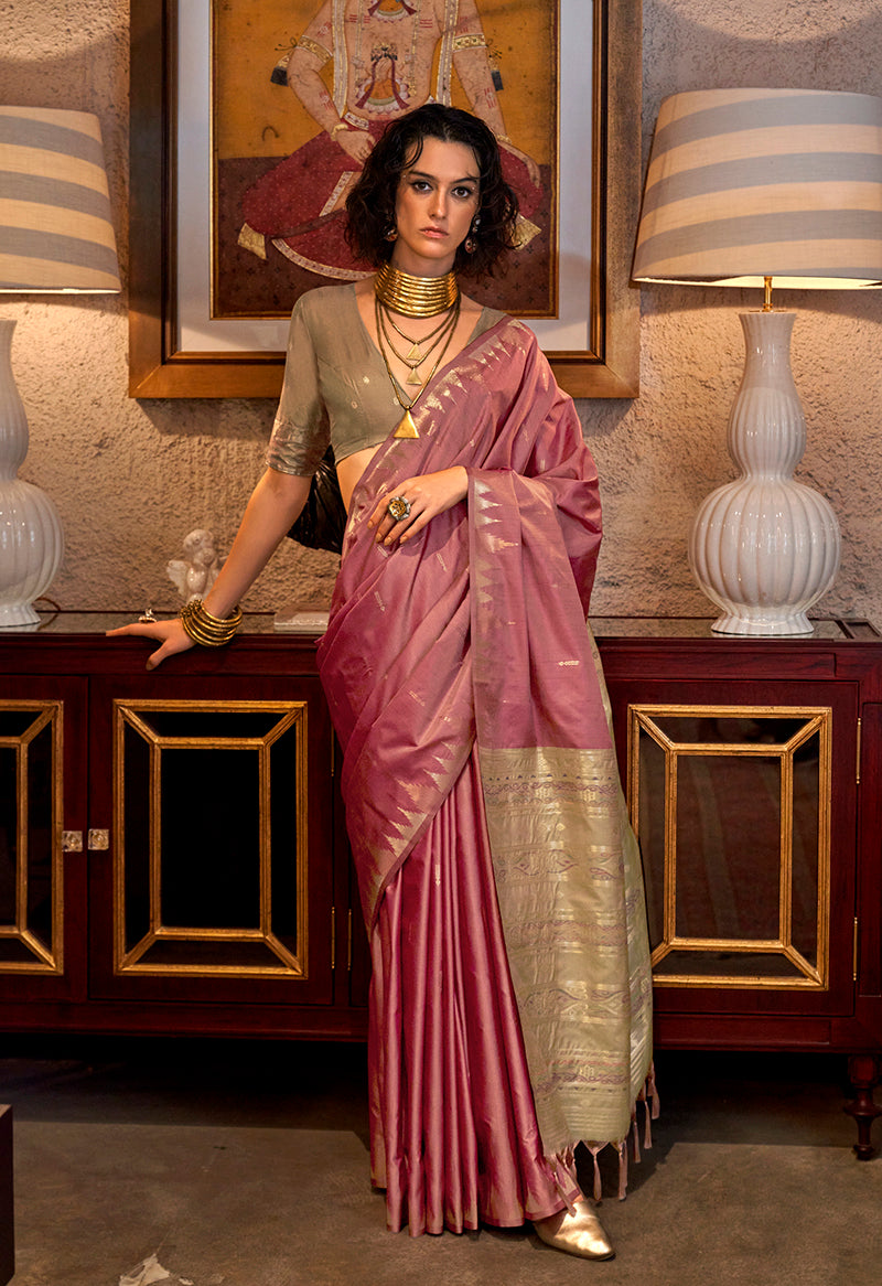 Onine Pink Traditional Zari Woven Tussar Silk Saree