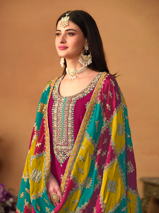 Rani Pink Chinon Embroidered Designer Salwar Kameez