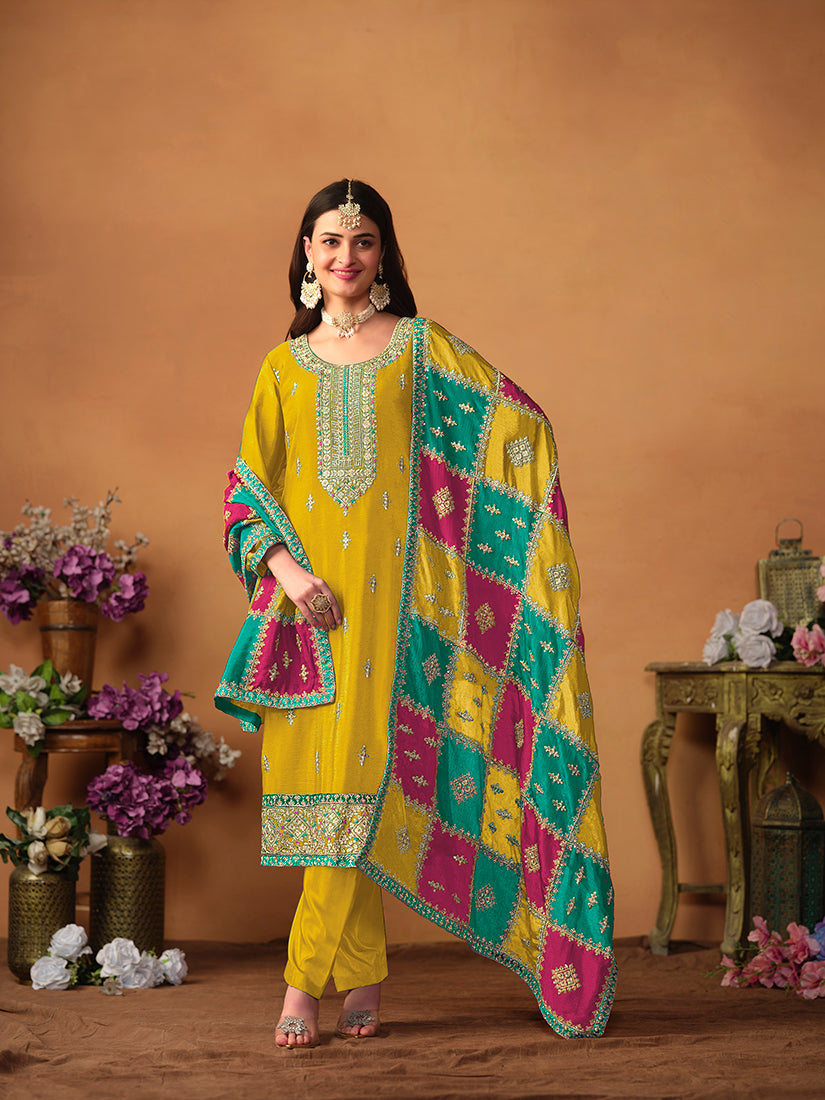 Mustard Chinon Embroidered Designer Salwar Kameez